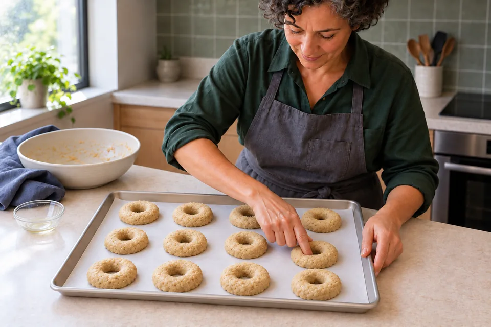 Twelve small raw rings sit in three rows on a lined tray as the cook opens the final centre hole.