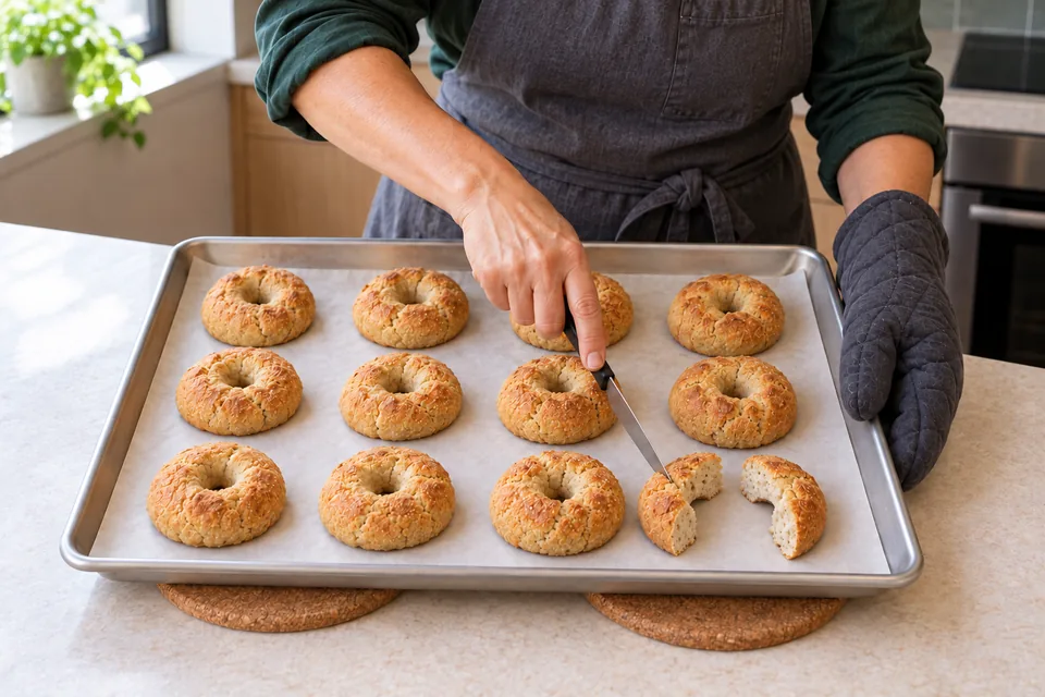 Eleven whole golden rolls and the two halves of a test roll are on the baking tray.