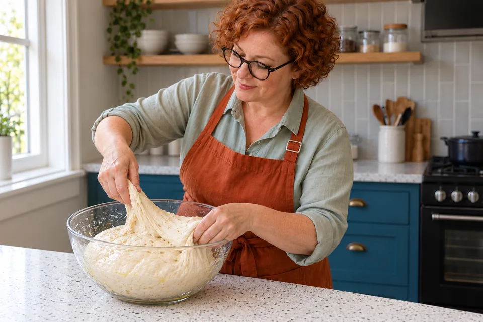 Oiled fingers lift and fold a soft dough edge in a clear bowl.