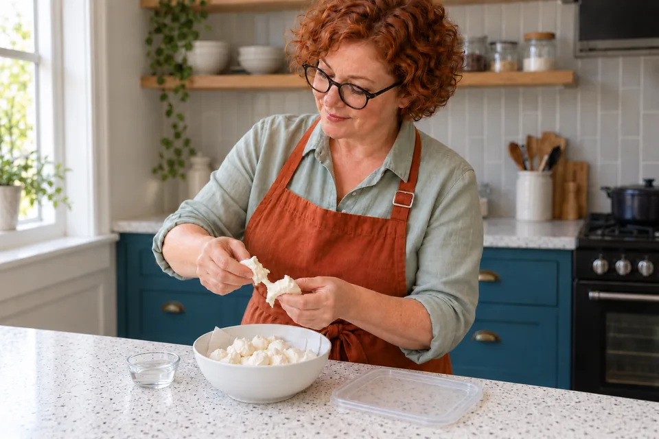 Hands prepare small drained mozzarella pieces beside a separate small brine cup.