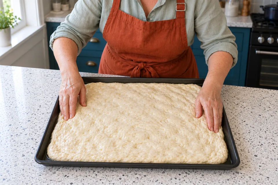 Oiled fingertips spread plain dough across a lined rectangular tray.