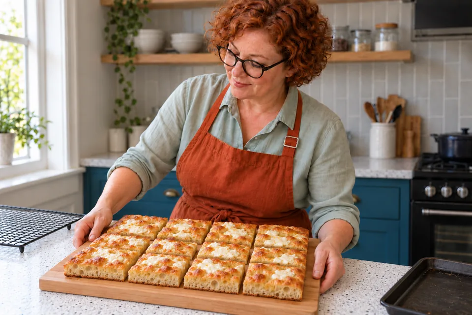Twelve portions of golden focaccia with modest melted mozzarella patches.