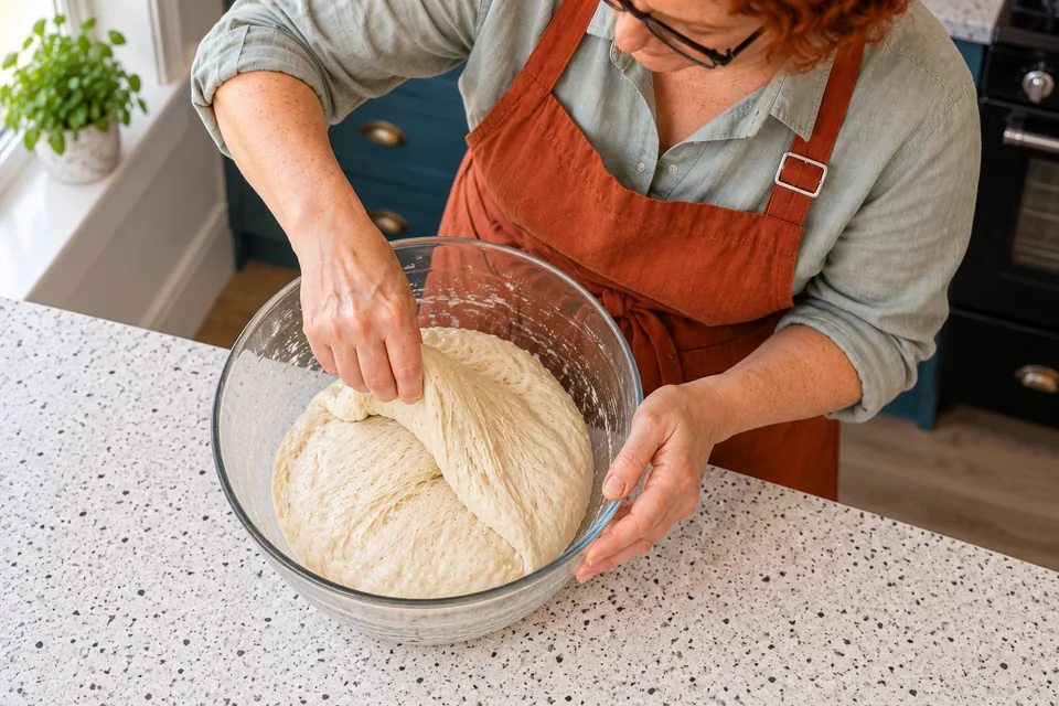The cook lifts a soft dough edge for a fold in a clear bowl.