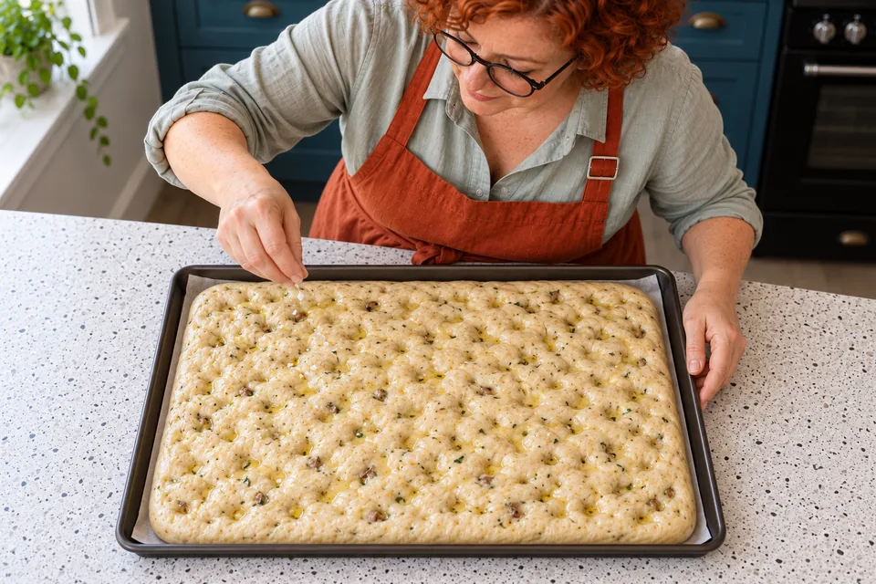 The cook lightly sprinkles salt over an oiled, dimpled focaccia surface.