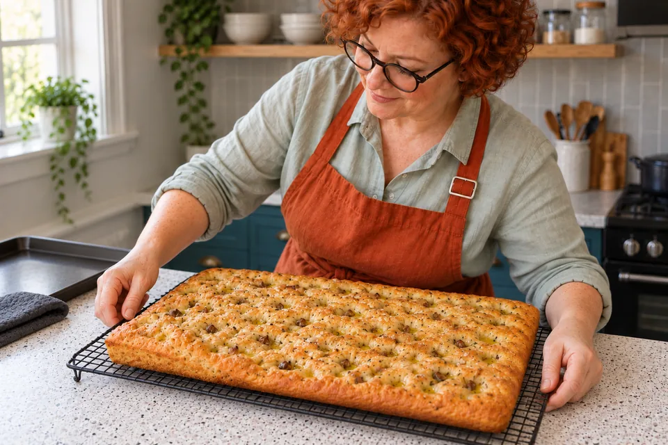 One whole rectangle of focaccia cools directly on a wire rack.