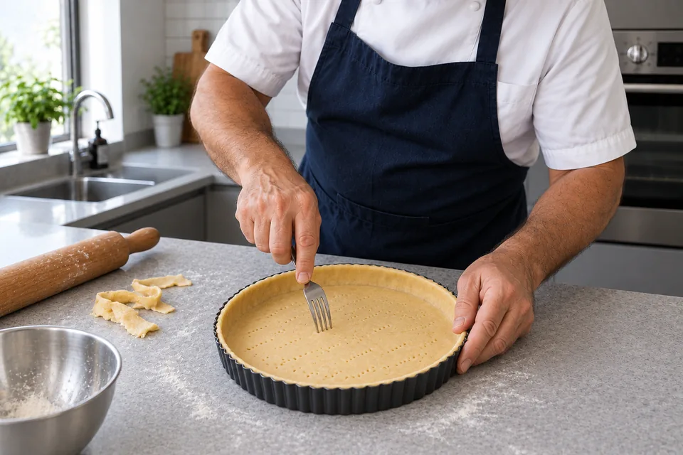 A fork pricks the even raw pastry case in a shallow metal tart tin.