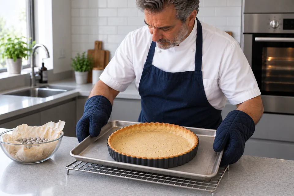 The partly baked tart shell rests on its baking sheet and cooling rack.