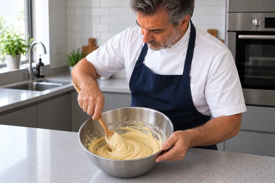 The chef mixes one modest bowl of smooth, spreadable almond filling.