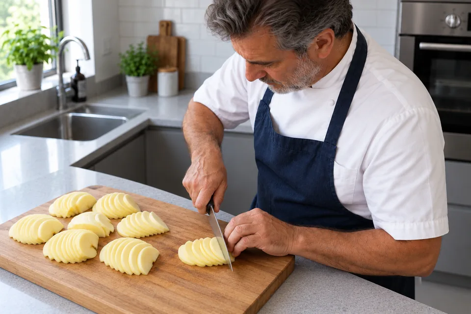 Peeled apple quarters are sliced thinly and kept together in small fans.