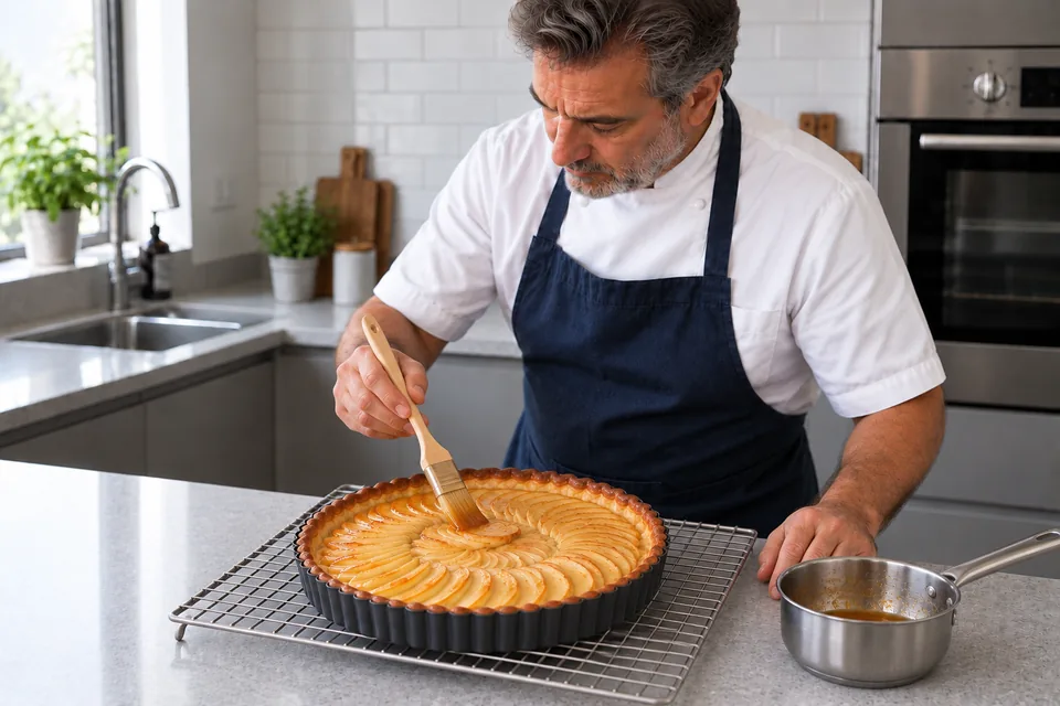 A thin apricot glaze is brushed over the warm tart before it cools.