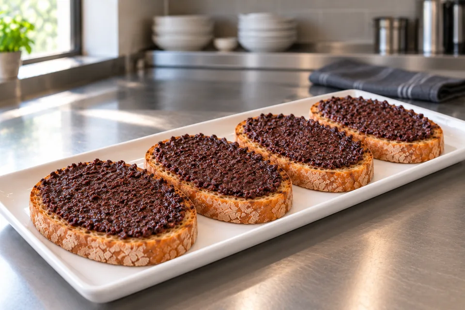 Four large toast slices evenly covered with dark olive spread on a white platter.