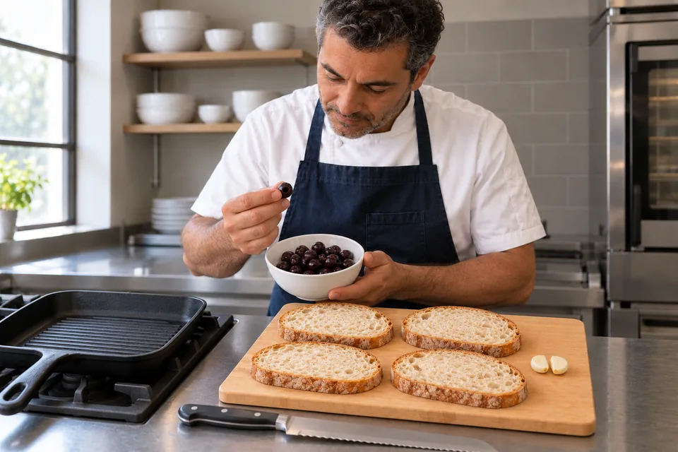 Baker checking a pitted black olive beside four raw rustic bread slices and halved garlic.