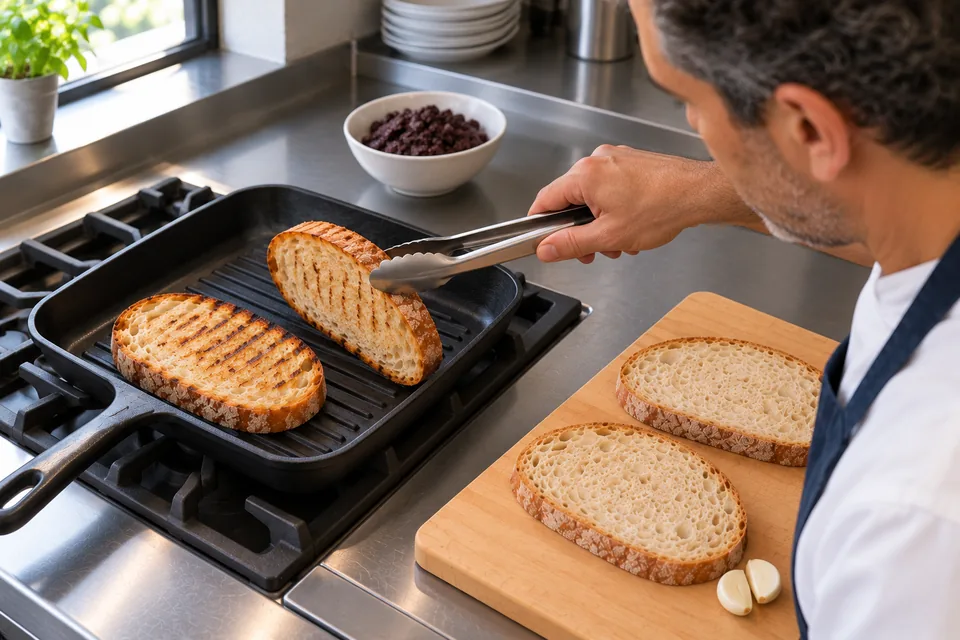 Tongs turning bread in a dry griddle, with two more slices waiting on the board.