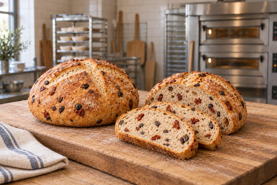 Two slices show black olive and sun-dried tomato pieces in the set crumb beside one whole loaf and the cut remainder.