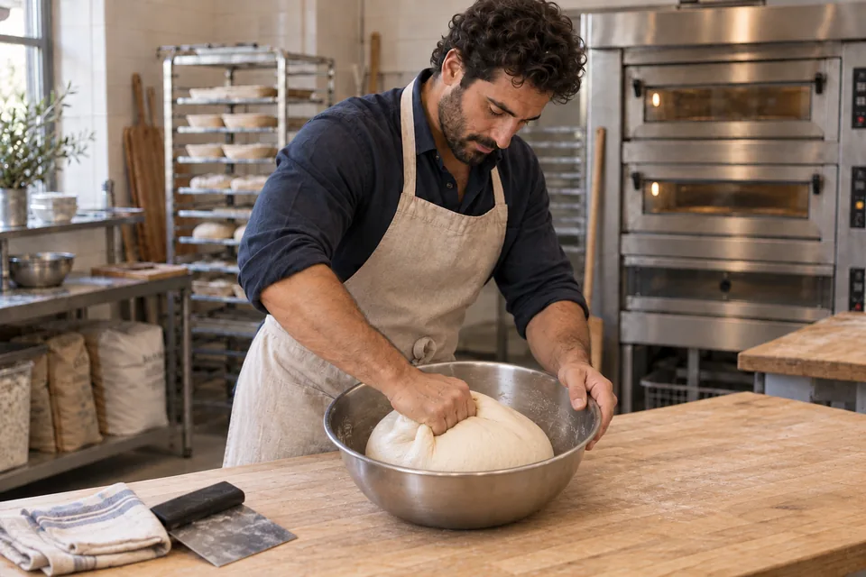 The cook kneads soft, smooth dough in a steel bowl.