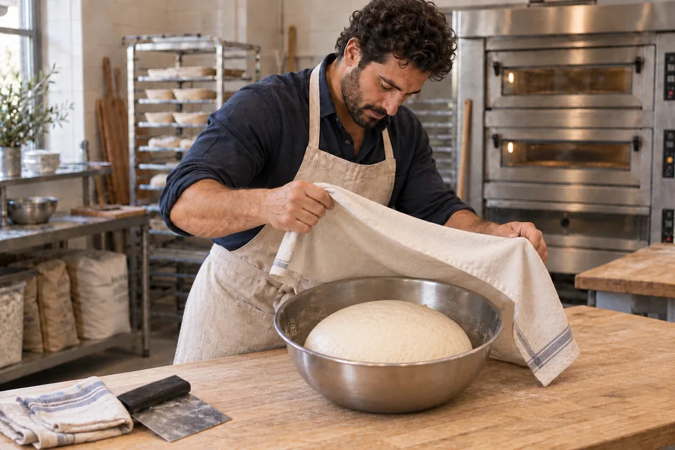 The cook uncovers an expanded mound of plain dough.