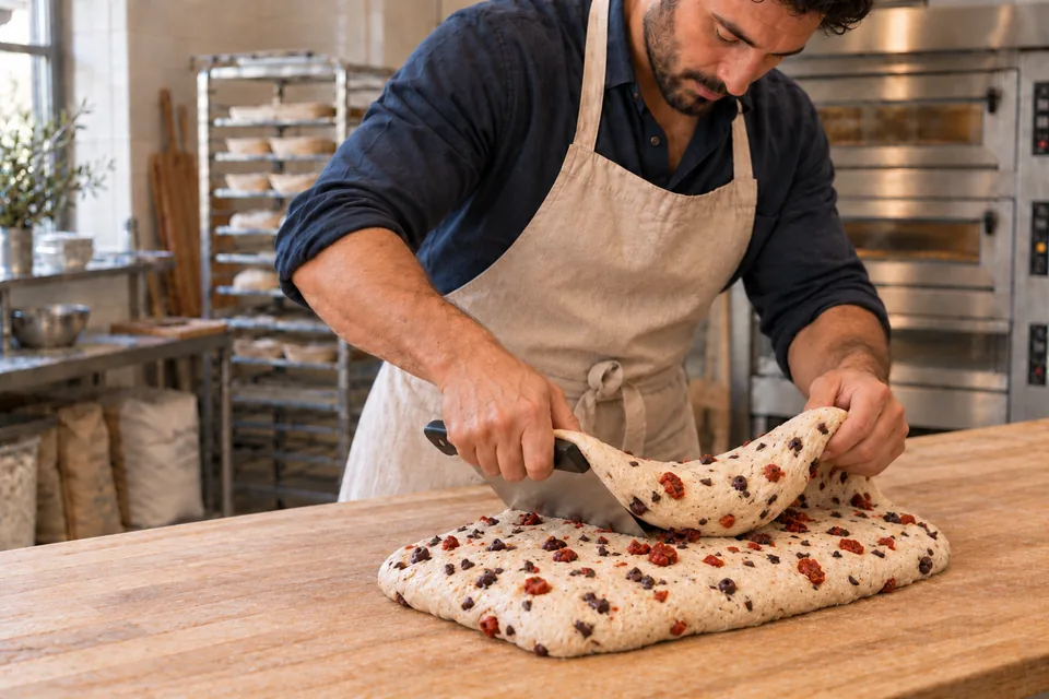 The dough folds over chopped black olives and sun-dried tomatoes.