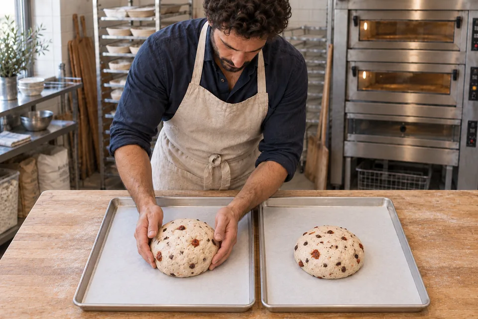 Two round loaves sit separately, one on each paper-lined tray.