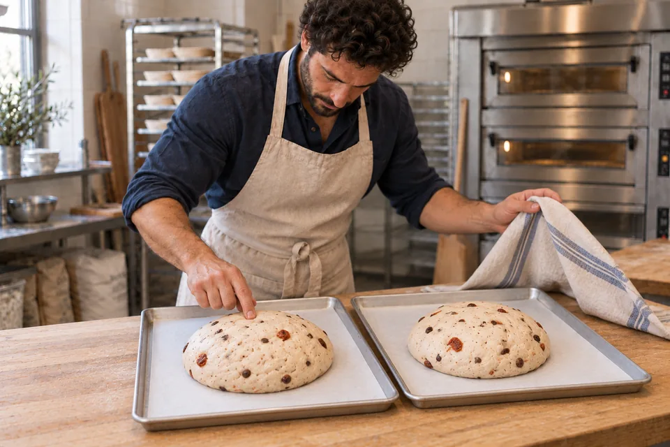 The cook lightly checks one of two risen rounds on their separate trays.