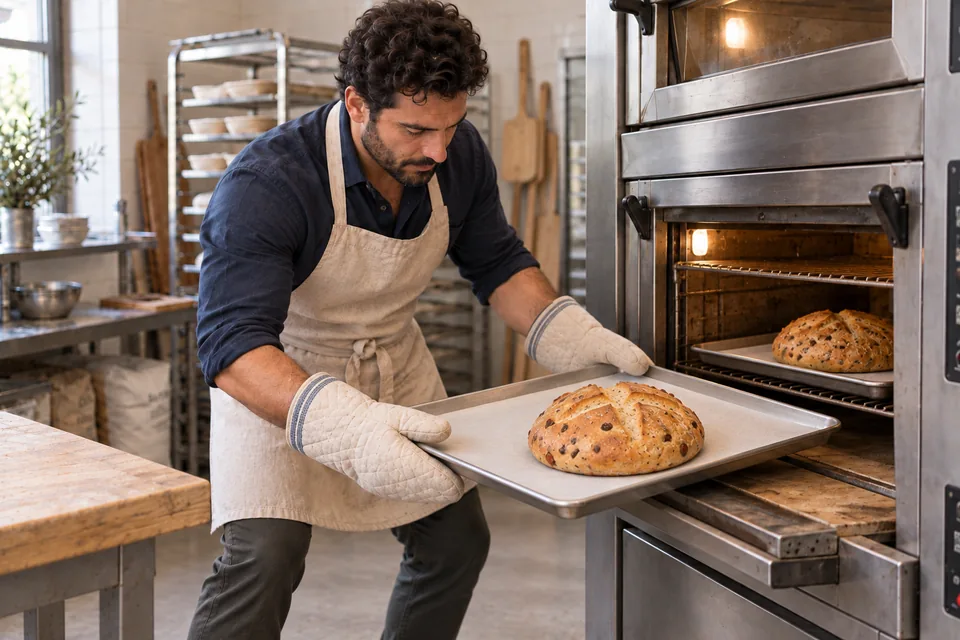 Two browned, cross-scored loaves remain on separate trays, one held outside the oven.