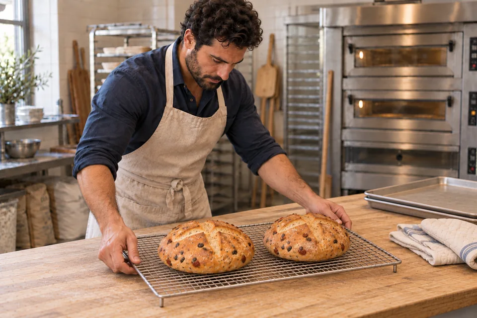 Two whole cross-scored olive and tomato loaves cool on a wire rack.