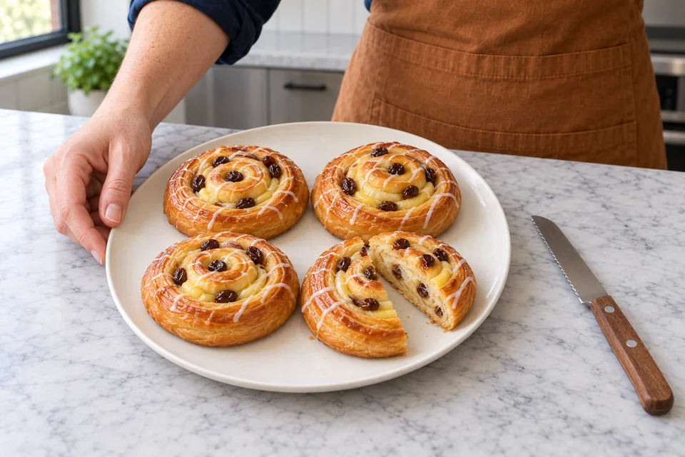 Three small iced raisin spirals and a split fourth pastry show the laminated layers and custard filling.