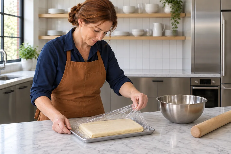 The cook unwraps one modest rectangle of chilled Danish dough.