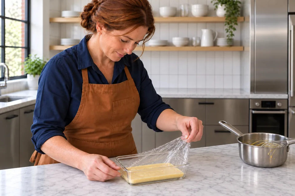 A small shallow container of thick vanilla custard is uncovered after chilling.