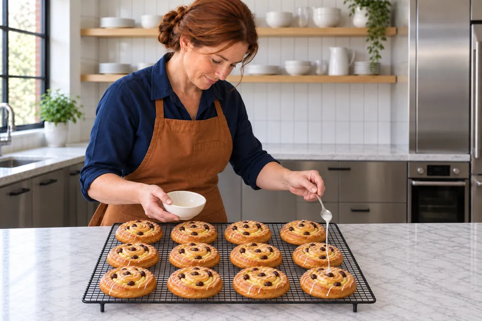 Twelve golden raisin spirals on a rack have a thin glaze and light white icing.