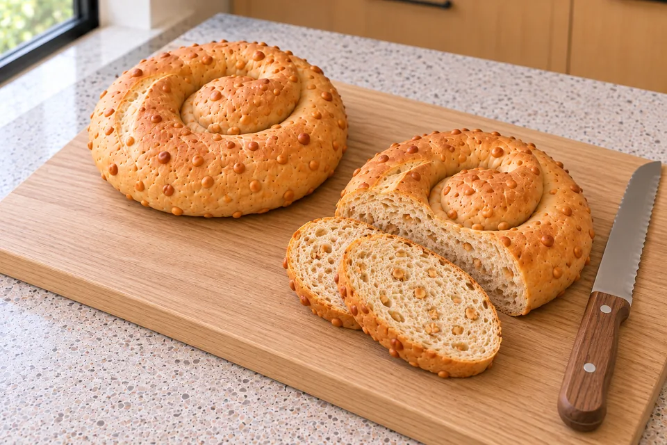 One whole peanut bread coil beside a second loaf cut into two slices, revealing the tan crumb.