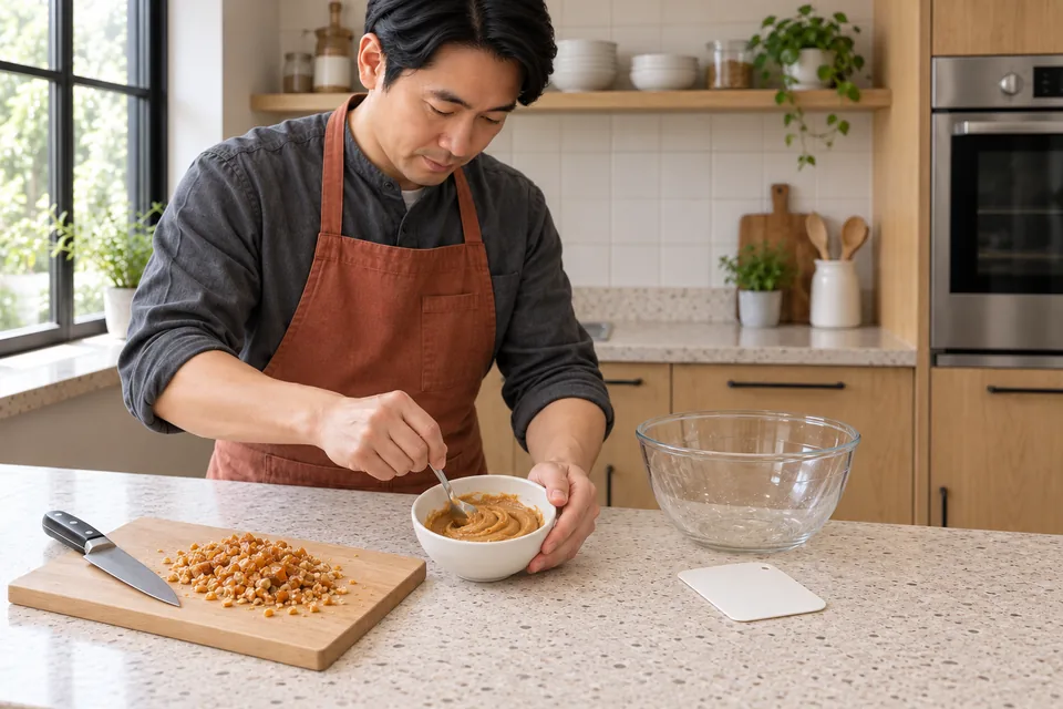 The cook stirs peanut butter beside a small pile of chopped peanut brittle.