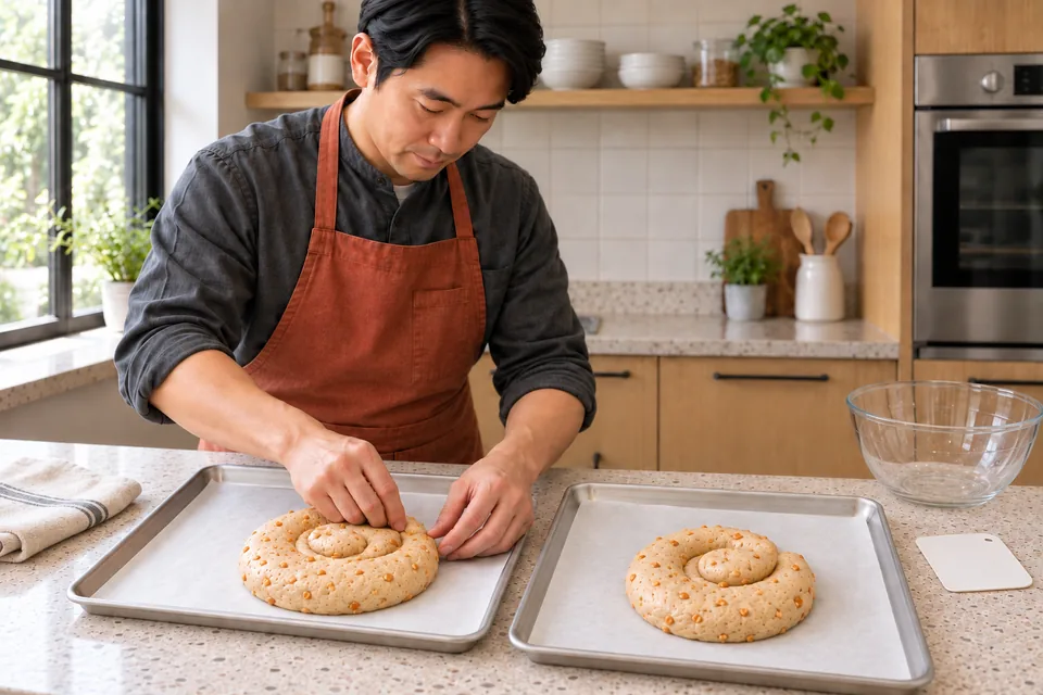 Shaping two small peanut bread coils, each on its own lined tray.