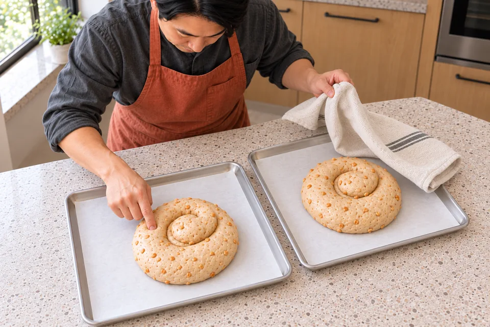Checking the rise of two peanut bread coils on separate trays.
