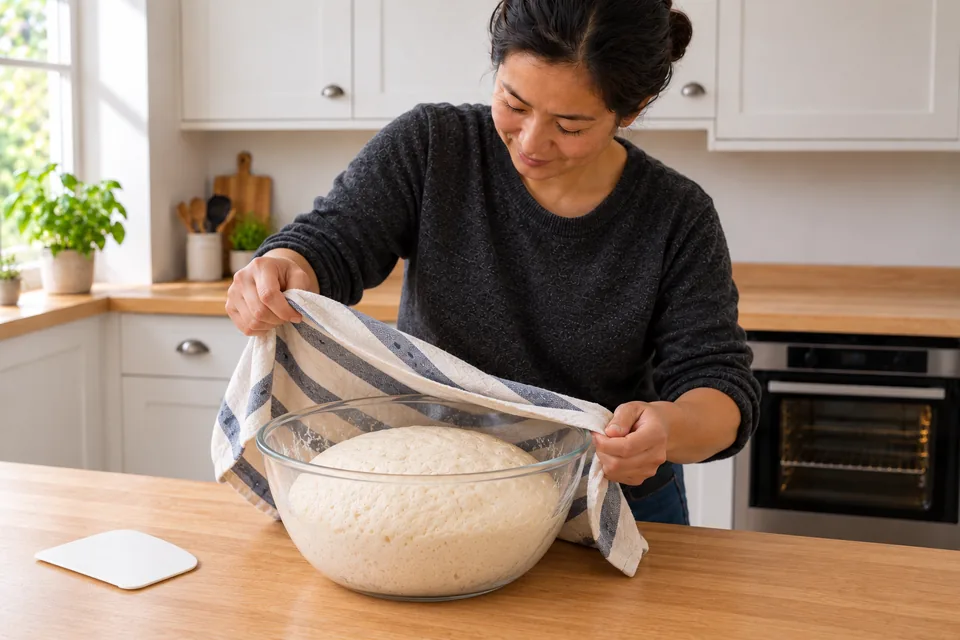 The cook lifts the striped cloth from an aerated mound of plain dough in a clear bowl.