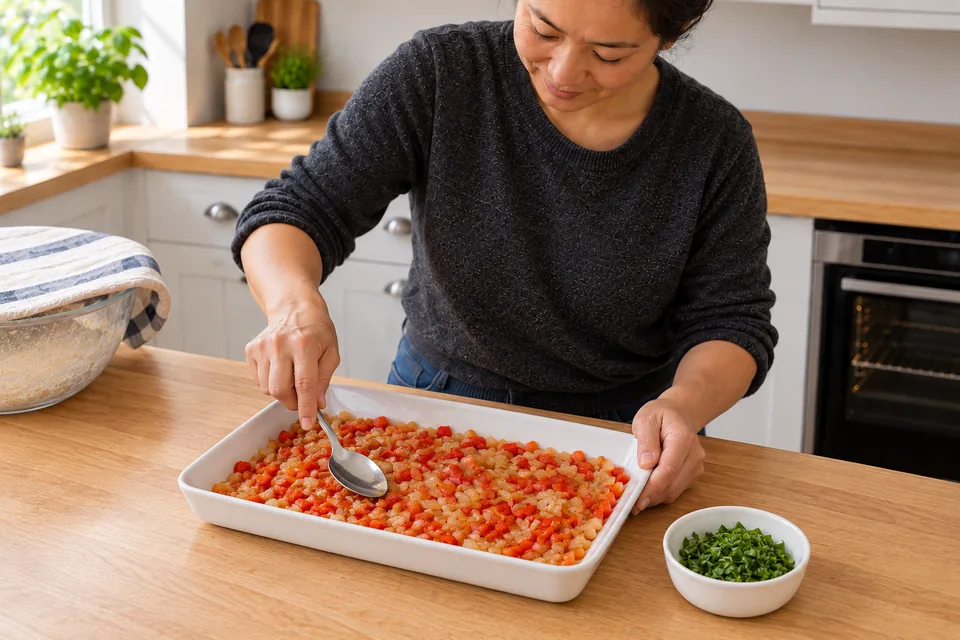 Tender diced red pepper and onion lie spread in a shallow dish, with chopped basil in a separate small dish.