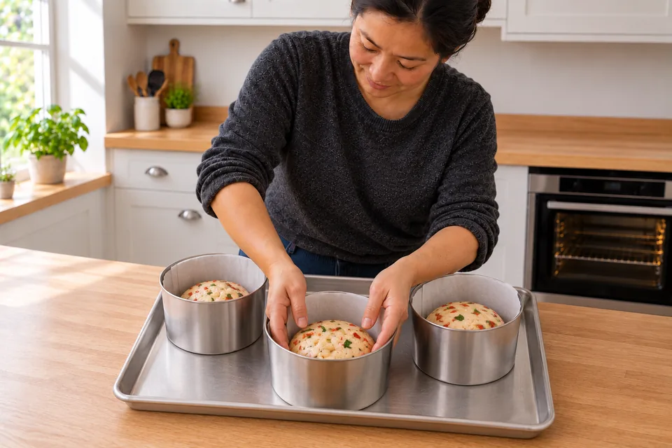Three metal moulds each hold one low round portion of vegetable and basil dough on a single tray.