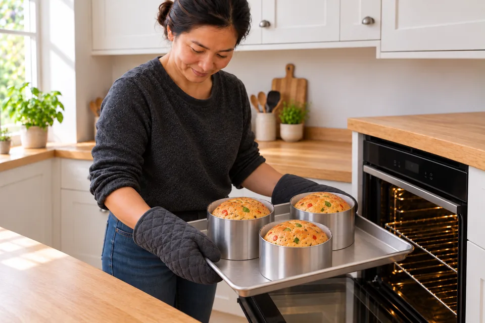 Wearing oven mitts, the cook holds one tray of three golden loaves in round metal moulds beside the oven.