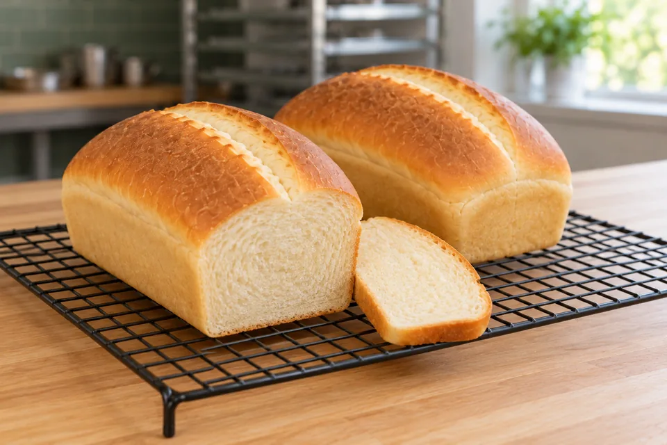 Two golden milk loaves on a cooling rack, one sliced to show its fine creamy-white crumb.