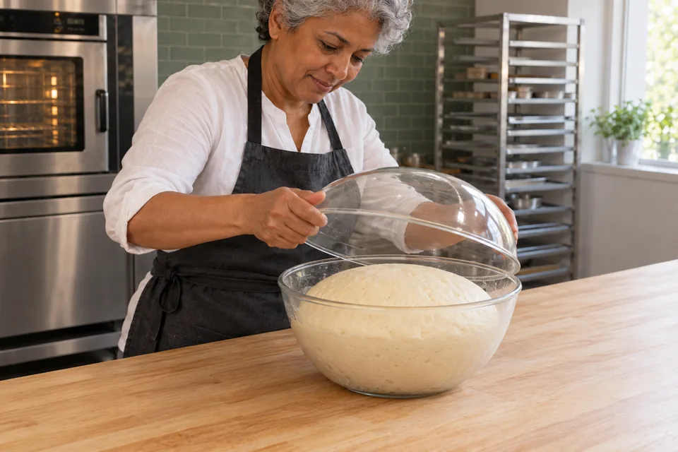 Baker lifts a clear dome cover from a glass bowl of risen milk-bread dough.