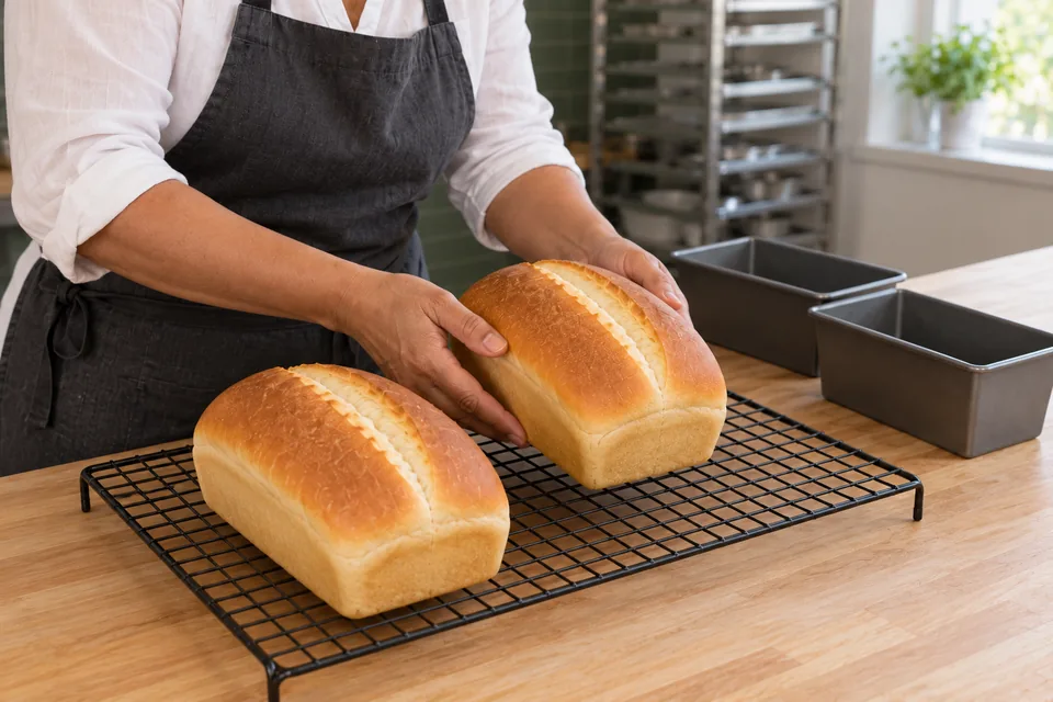 Baker places the second golden milk loaf on a wire rack beside the first, with both empty tins behind.