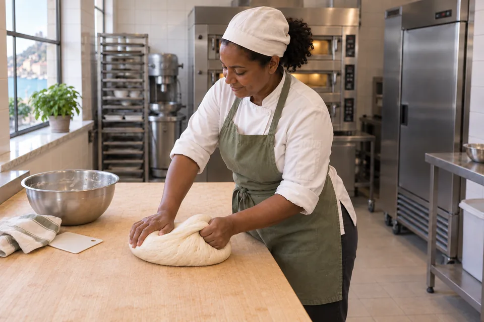 The baker kneads one plain elastic dough on the pale wooden workbench.