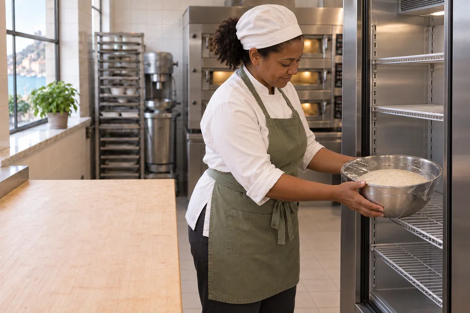 The baker holds a covered bowl of slightly expanded dough beside the open refrigerator.
