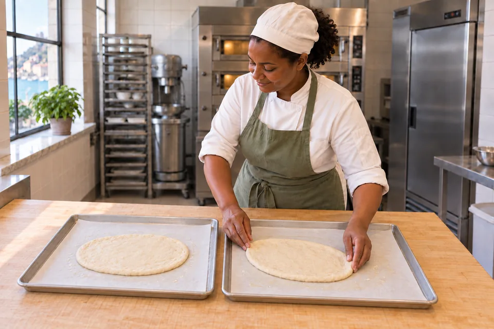 Two separate lined trays each hold one thin plain oval of dough.