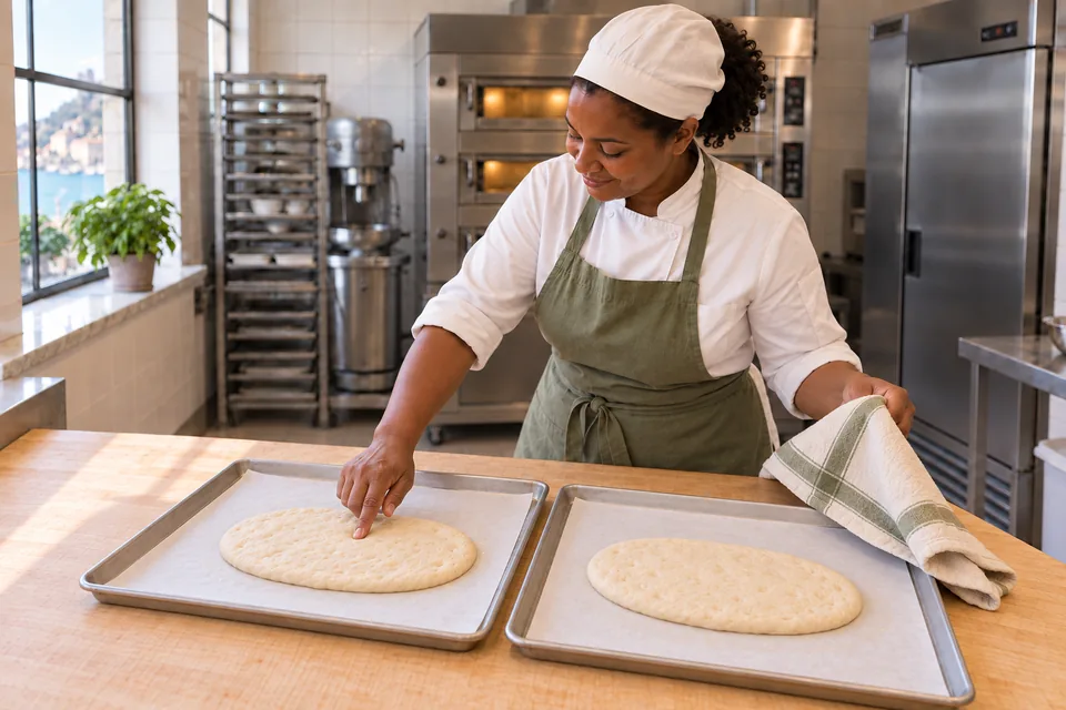 The baker checks two puffy plain oval flatbreads on their separate trays.