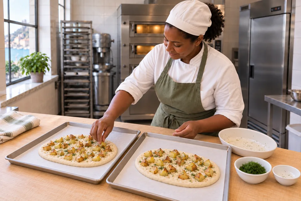 The baker lightly presses browned potato pieces onto two raw oval flatbreads, with the finishing dill held aside.