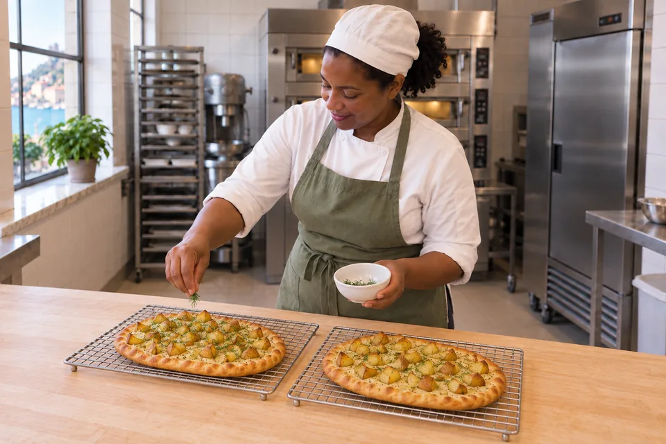 The baker scatters fresh chopped dill over two golden potato flatbreads cooling on separate racks.