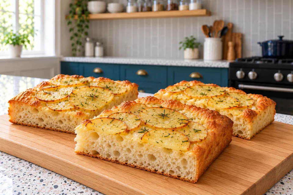 Three portions show airy crumb beneath the thin potato topping.