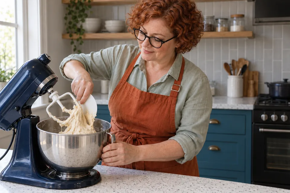 The cook scrapes sticky dough from the stopped mixer paddle.