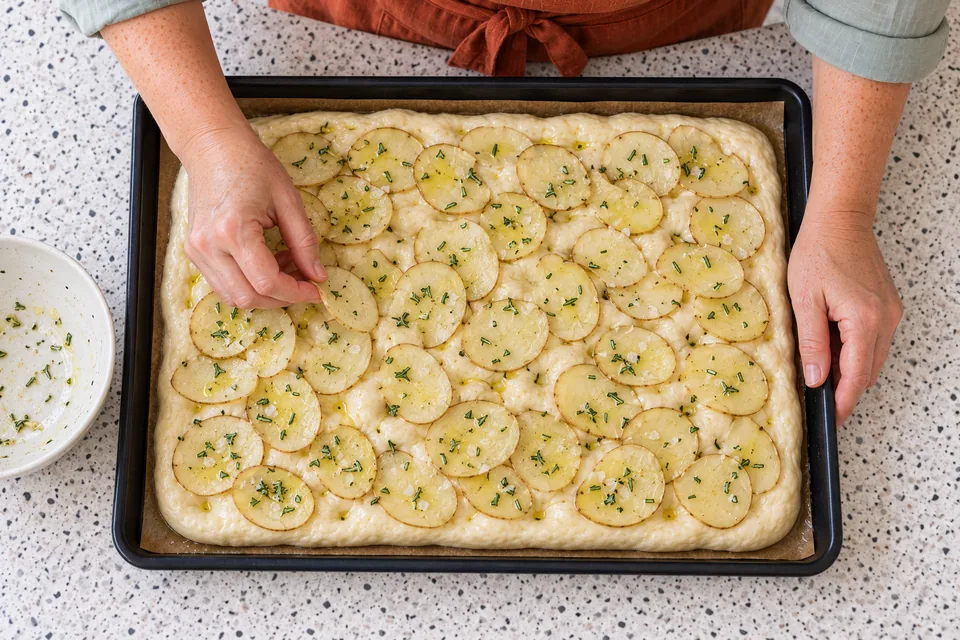 Thin rosemary-coated potato slices lightly cover the dimpled dough.