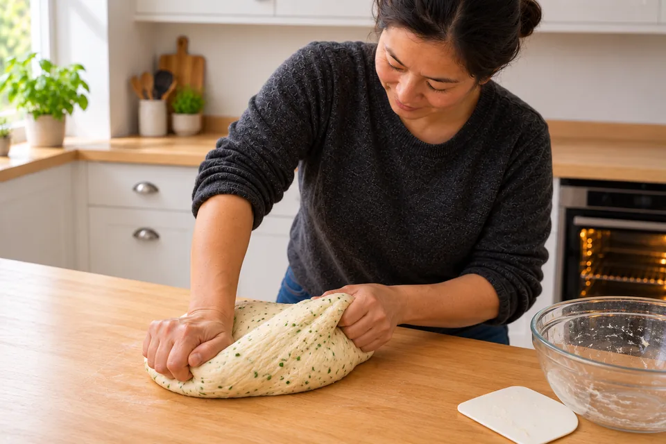 Two hands knead a soft dough flecked with finely snipped chives.